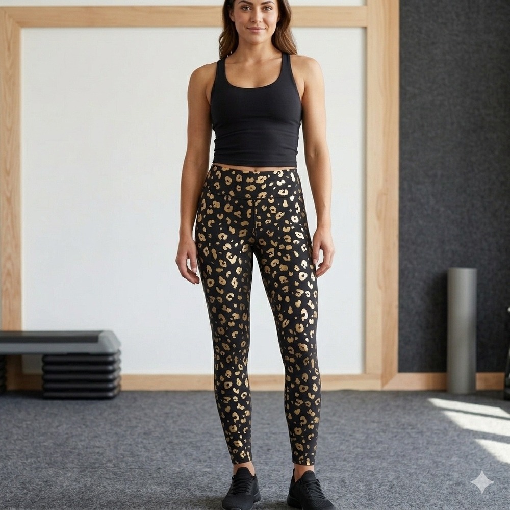 Terez Womens Size Small Gold‎ Cheetah Foil Print Leggings Black Metallic Leopard